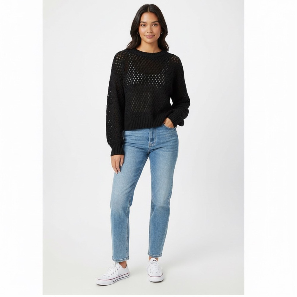 H&M Girls Black Knit Sweater Size 16/18Y | Textured Open Stitch Pullover